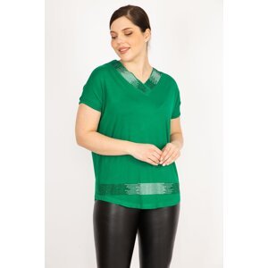 Şans Women's Green Plus Size Collar and Skirt Stone Detailed V-Neck Blouse