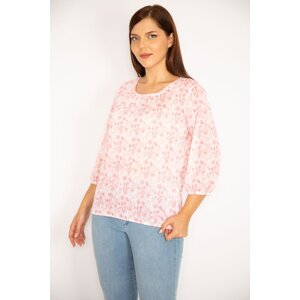 Şans Women's Plus Size Pink Patterned Blouse with Elastic Hem and Arms