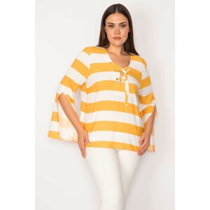 Şans Women's Plus Size Yellow Collar Eyelet Lace Detailed Sleeve Slit Striped Blouse