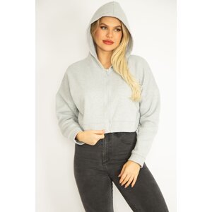Şans Women's Plus Size Gray Inner Raising 2 Thread Fabric Hooded Sweatshirt