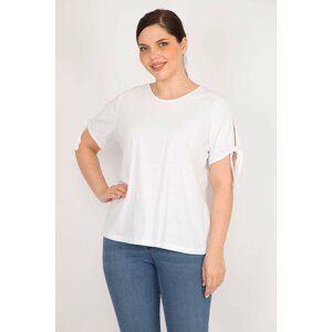 Şans Women's White Large Size Cotton Fabric Sleeve Lace Up Blouse