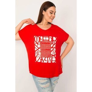 Şans Women's Plus Size Red V-Neck Print And Stone Detailed Short Sleeve Blouse On The Front
