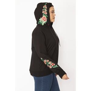 Şans Women's Plus Size Black Embroidery Detail Hooded Sweatshirt