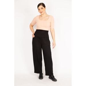 Şans Women's Black Plus Size Wide Bodice Belt Viscose Trousers