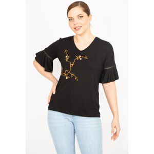 Şans Women's Black Plus Size V-Neck Blouse with Embroidery on the Front and Lace Sleeves