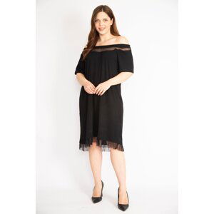 Şans Women's Black Plus Size Collar and Skirt Type Tulle Detailed Elastic Collar Dress