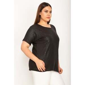 Şans Women's Plus Size Black Flocked Fabric Self Patterned Low Sleeve Blouse