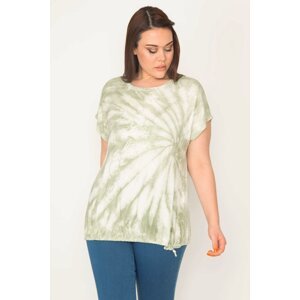 Şans Women's Plus Size Green Tie Dye Patterned Blouse With Stones On The Front And Lace Up At The Hem