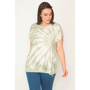 Şans Women's Plus Size Green Tie Dye Patterned Blouse With Stones In The Front And Lace Up At The Hem