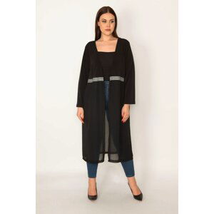 Şans Women's Black Chiffon Bottom And Ribbon Detail Long Cardigan