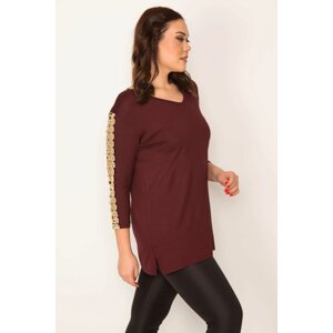 Şans Women's Plus Size Burgundy Sleeve Detailed V-Neck Blouse