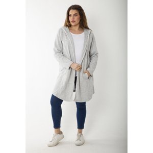 Şans Women's Large Size Gray Cup and Vep Detailed Hooded Cardigan