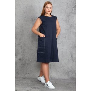 Şans Women's Large Size Navy Blue Contrast Stitching Detailed Pocket Gabardine Fabric Dress