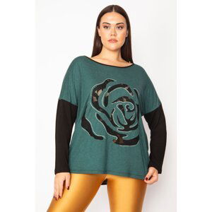 Şans Women's Plus Size Green Two-tone Tunic With A Flocked Pattern And Stones Detail