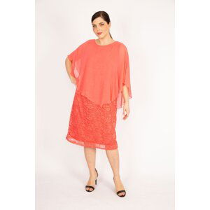 Şans Women's Pomegranate Large Size Chiffon Cape Lined Lace Dress