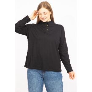Şans Women's Black Plus Size Cotton Fabric Front Pat Buttoned Blouse
