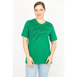 Şans Women's Green Plus Size Crew Neck Front Printed Blouse