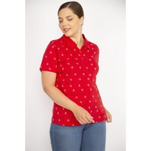 Şans Women's Red Plus Size Cotton Fabric Marine Pattern Front Paw Ornamental Buttoned Short Sleeve Blouse