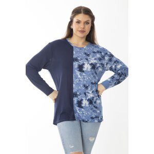 Şans Women's Plus Size Navy Blue Crew Neck Patterned Blouse