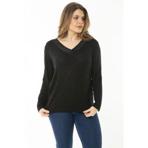 Şans Women's Plus Size Black V-Neck Stone Detailed Long Sleeve Blouse