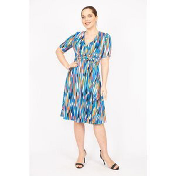 Şans Women's Colorful Plus Size Colorful Dress with Belt and Belt at the waist