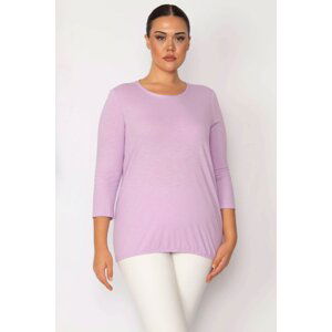 Şans Women's Plus Size Lilac Crew Neck Pinstripe Capri Sleeve Blouse