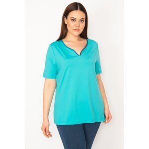 Şans Women's Turquoise Plus Size Collar Webbing Sports Blouse