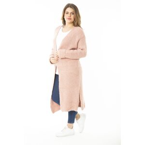 Şans Women's Large Size Pink Slit Thick Knitwear Long Cardigan