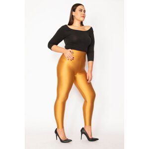 Şans Women's Plus Size Gold High Waist Spandex Fabric Compression Shiny Disco Leggings