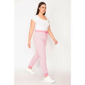 Şans Women's Large Size Pink Cotton Fabric Eyelet Lacing Detailed Striped Leggings Trousers