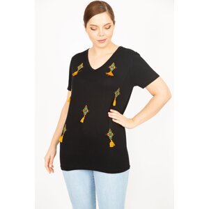 Şans Women's Black Plus Size Embroidery and Tassel Detailed V-Neck Blouse