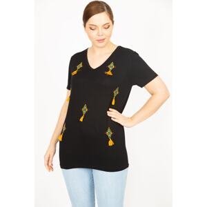 Şans Women's Black Plus Size Embroidery And Tassel Detail V-Neck Blouse