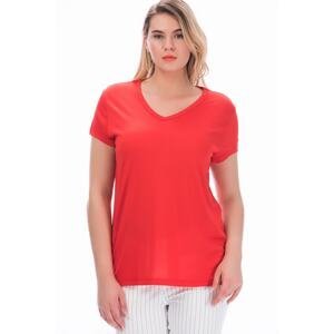 Şans Women's Plus Size Red Cotton Fabric V-Neck Blouse