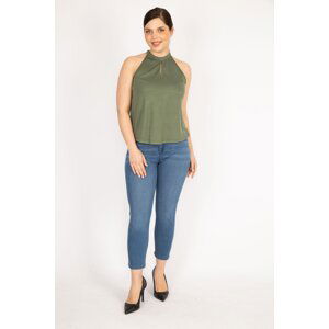 Şans Women's Khaki Plus Size Barbell Neck Blouse