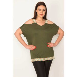 Şans Women's Plus Size Khaki Decollete Straps And Sequin Lace Detailed Blouse At Hem