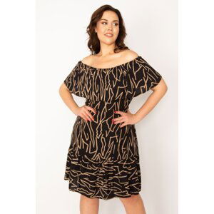 Şans Women's Plus Size Camel Madonna Collar Flounce Detailed Woven Viscose Fabric Dress