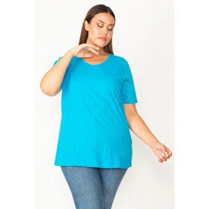 Şans Women's Plus Size Turquoise Cotton Fabric V-Neck Short Sleeve Blouse
