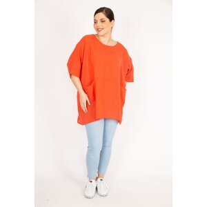 Şans Women's Orange Large Size Low Sleeve Pocket Tunic