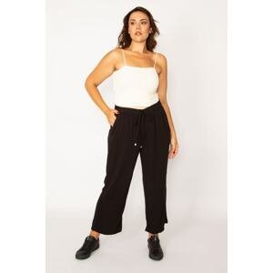 Şans Women's Black Woven Viscose Fabric Trousers with Elastic Waist And Lace Up Detail, Side Pockets