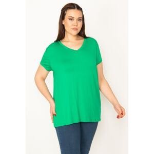 Şans Women's Large Size Green V-Neck Short Sleeve Blouse