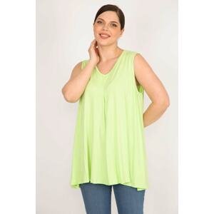 Şans Women's Green Plus Size Front A Pleated V-Neck Sleeveless Tunic