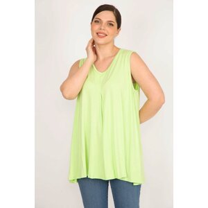 Şans Women's Green Large Size Front A Pleated V-Neck Sleeveless Tunic