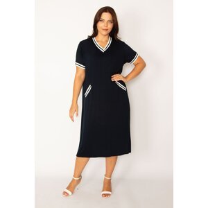 Şans Women's Plus Size Navy Blue Rib Detail V-Neck Pocket Dress