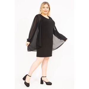 Şans Women's Black Plus Size Chiffon Cloak Cuffs Stone Detailed Dress
