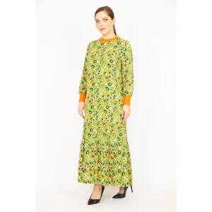 Şans Women's Green Large Size Woven Viscose Fabric Collar and Sleeve Ribbed Long Dress