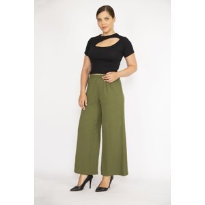 Şans Women's Khaki Plus Size Aerobin Fabric Pants with Elastic Waist and Wide Legs.
