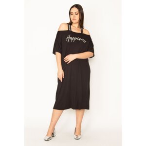 Şans Women's Plus Size Black Silvery Detailed Front Printed Viscose Dress