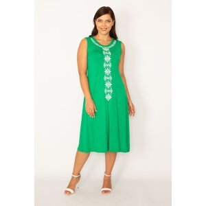 Şans Women's Large Size Green Embroidered Sleeveless Viscose Dress