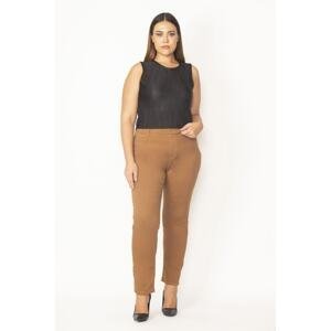 Şans Women's Large Size Camel Lycra Denim Trousers with Stone Detail on Front and Back Pockets