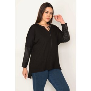 Şans Women's Plus Size Black Collar And Sleeve Detailed Blouse